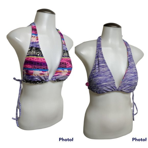 OP Bikini Top Small Reversible Halter Swim Top Stripes Bands S Juniors Colors - Picture 1 of 7